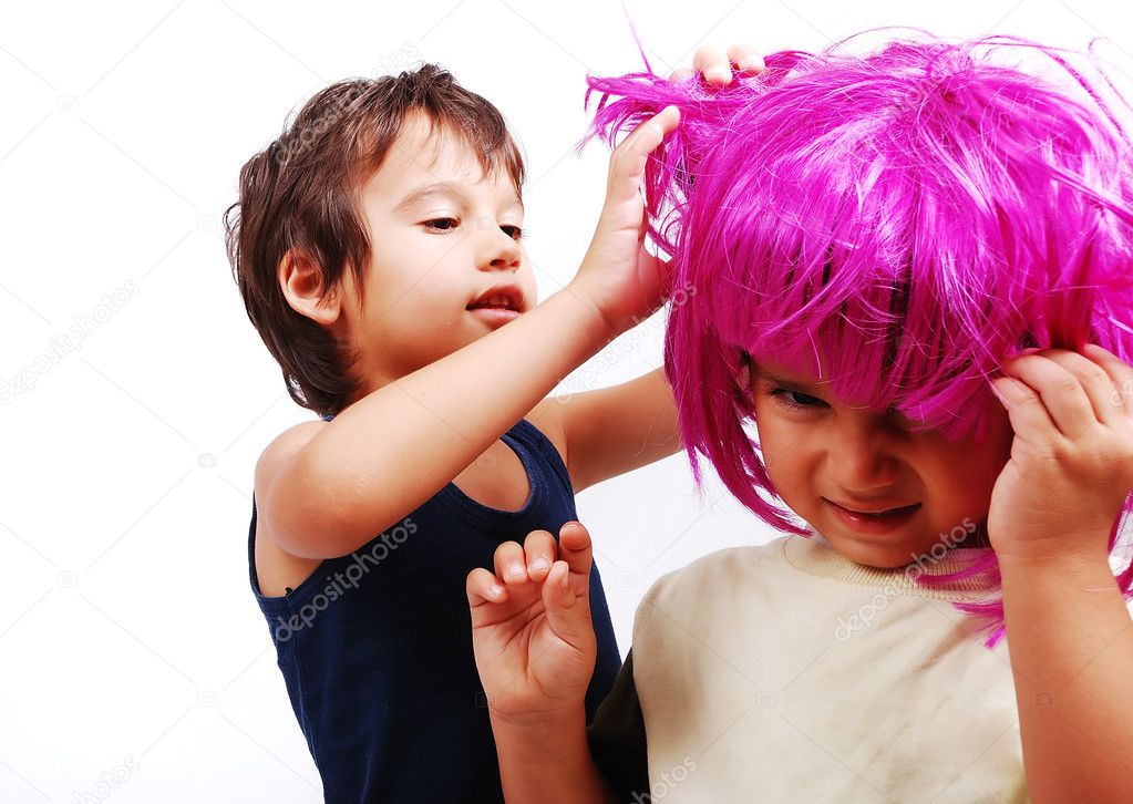 Two cute kids with pink hair and facial gesture