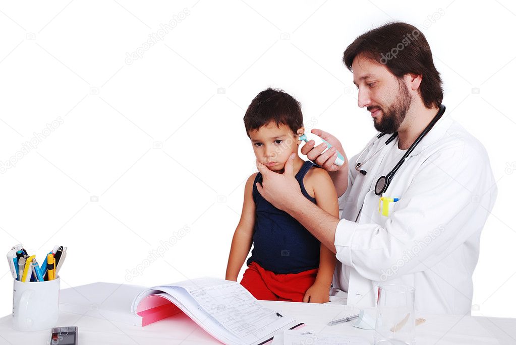 Young male doctor in white has some medical activities