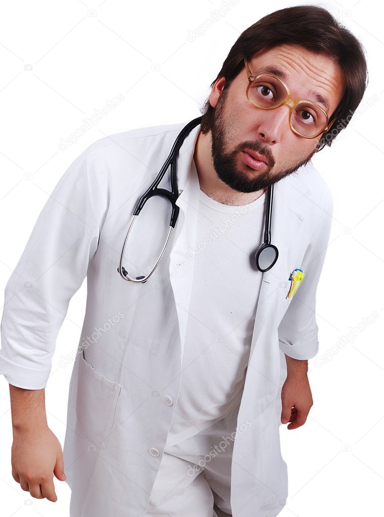 Young male doctor in white standing close up with funny surprised face