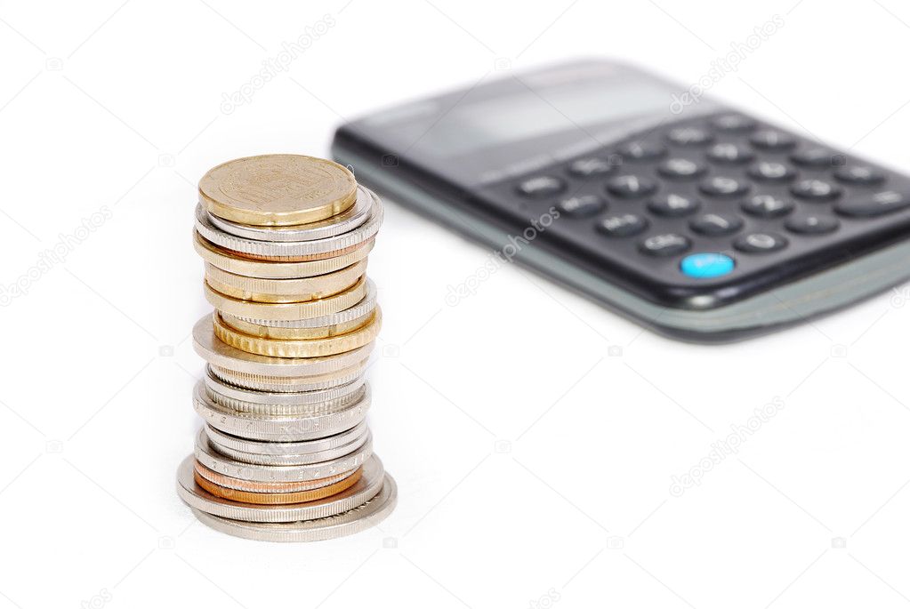 Coins in one place on calculator isolated