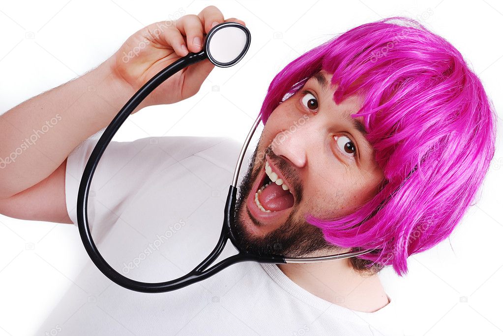 Very funny male doctor with pink hair