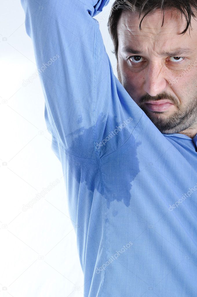 Young man with sweat trail on his shirt