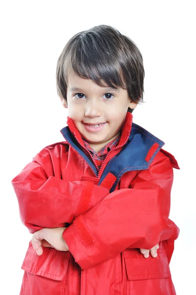Kid met rood jasje op witte achtergrond — Stockfoto
