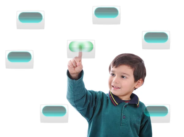Petit enfant mignon appuyant sur les boutons numériques sur l'écran tactile, idéal pour votre concept — Photo