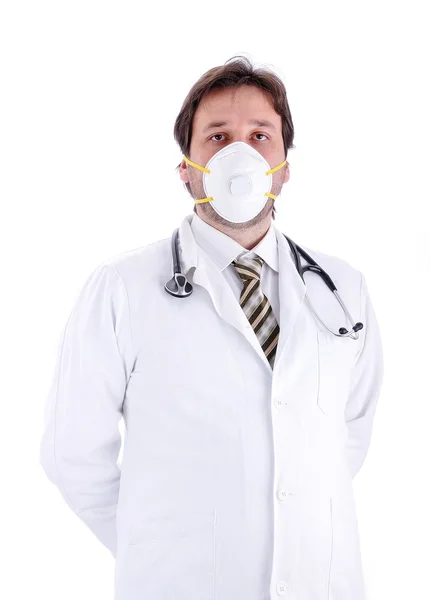 Genç erkek doktor yalıtılmış bir maske ile — Stok fotoğraf