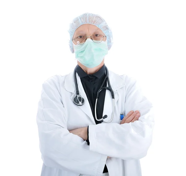 Médica idosa isolada em branco — Fotografia de Stock