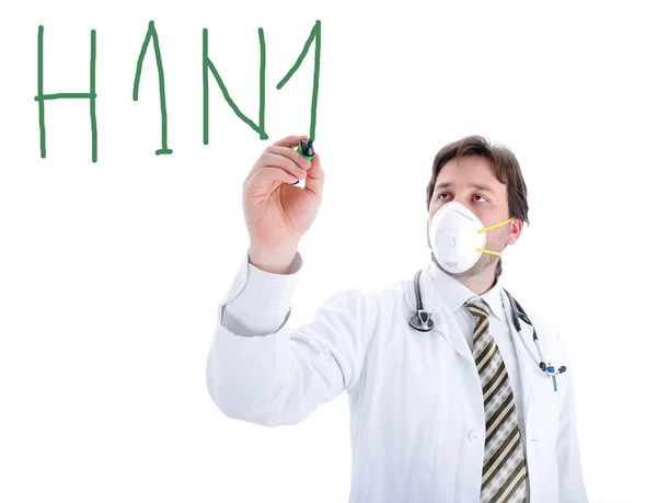 Jovem médico isolado na escrita branca h1n1 — Fotografia de Stock
