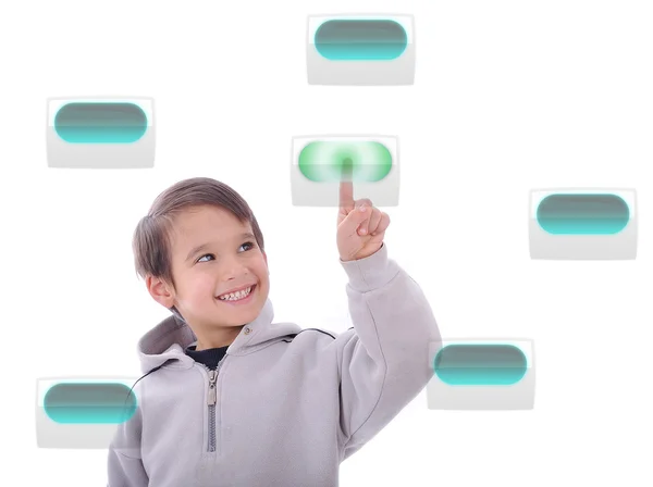 Criança fofa pressionando botões digitais na tela sensível ao toque, ideal para o seu conceito — Fotografia de Stock