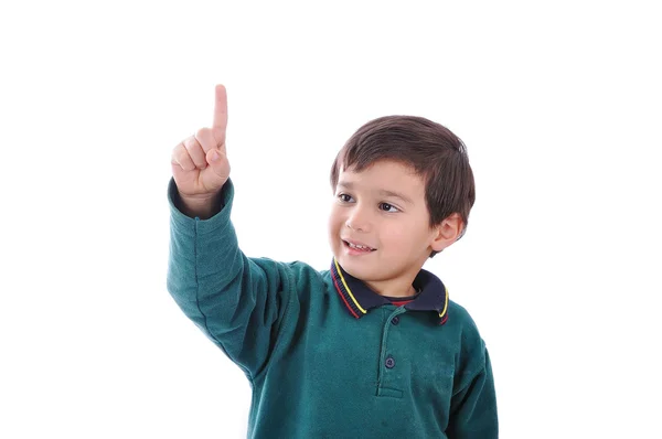 Malé roztomilé dítě stisknutím digitální tlačítka na dotykovém displeji, ideální pro vaše koncepce — Stock fotografie