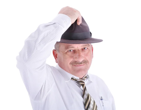 Yaşlı erkek kişi izole bir şapka ile — Stok fotoğraf