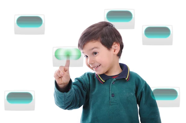 Kis aranyos gyermek, érintőképernyő, ideális, a koncepció digitális gomb megnyomásával — Stock Fotó