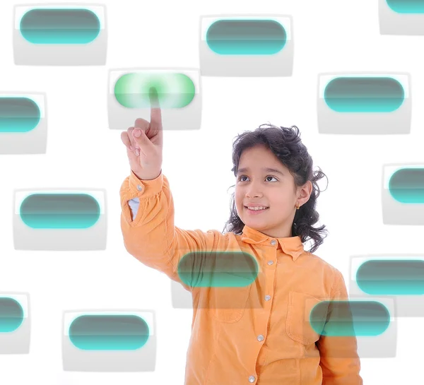 Little cute child pressing digital buttons on touchscreen, ideal for your concept — Stock Photo, Image