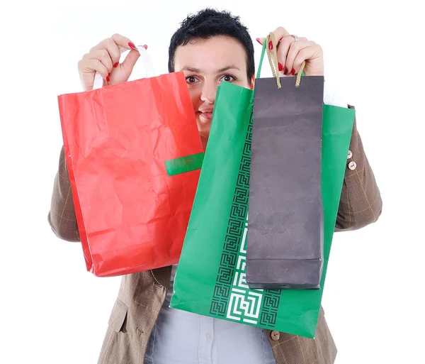 Mujer moderna de compras en el centro comercial sosteniendo bolsas — Foto de Stock