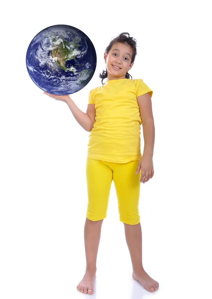 Little beautiful girl in yellow with Earth ih hand — Stock Photo, Image