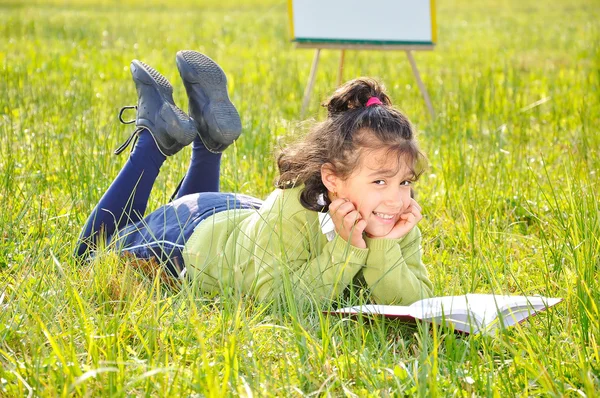 Menina bonito lendo no prado com placa atrás Fotografia De Stock