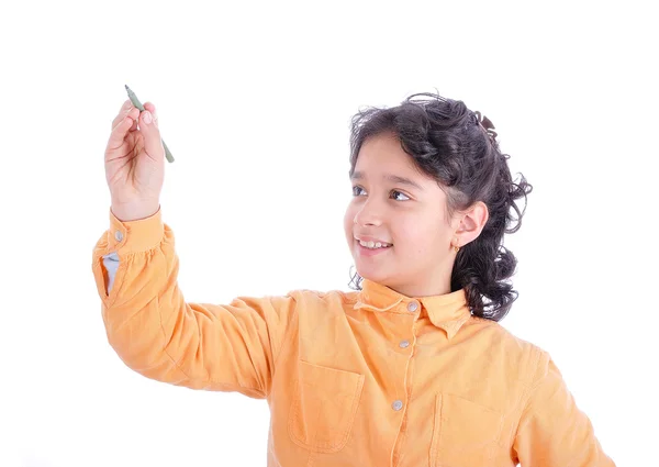 Criança fofa pressionando botões digitais na tela sensível ao toque, ideal para o seu conceito Imagem De Stock