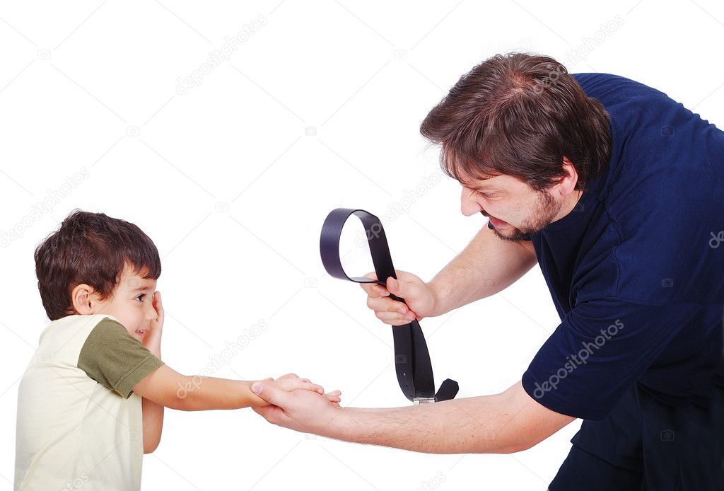 Young father is punishing his little son, isolated