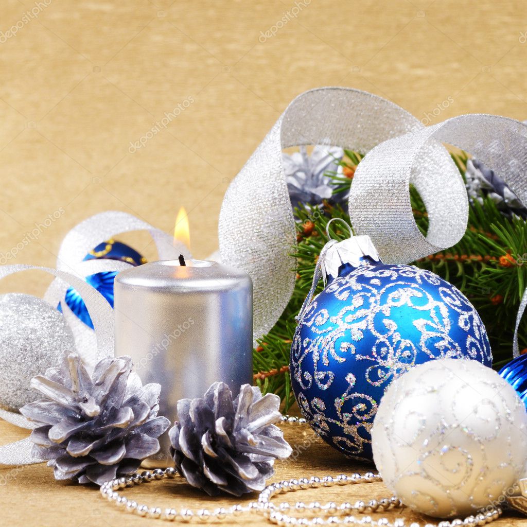 Blue and white christmas balls with silver candle — Stock Photo © e ...