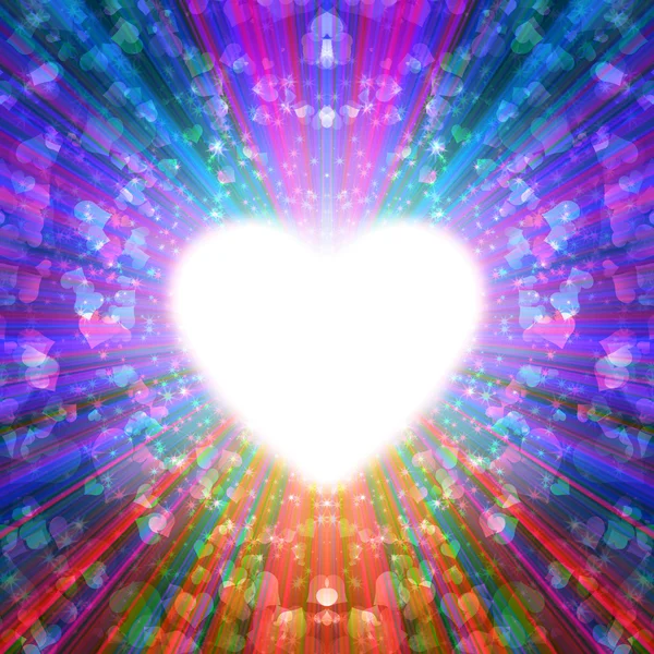 Návrh mnohobarevného záření vycházející z zářící srdce — Stock fotografie