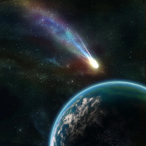 Erde im All mit fliegendem Asteroiden — Stockfoto