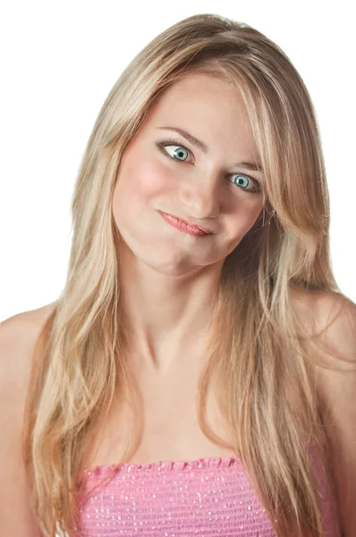Rapariga fez o rosto wry de chalá engraçado — Fotografia de Stock