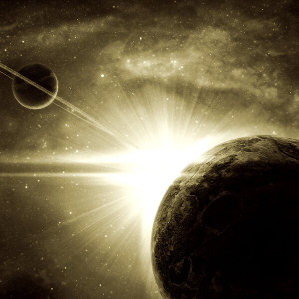 Планета с вспышкой солнца
