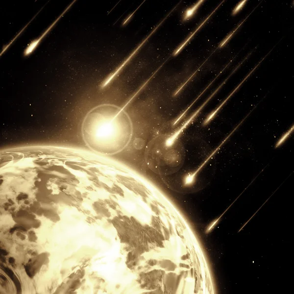 Erde im All mit einem fliegenden Asteroiden — Stockfoto