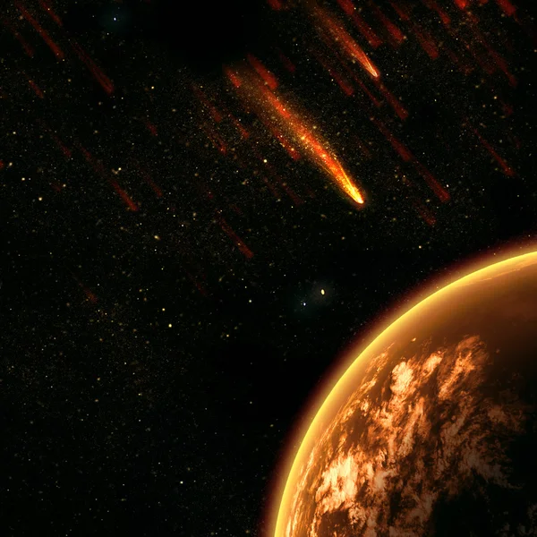 Tierra en el espacio con un asteroide volador — Foto de Stock