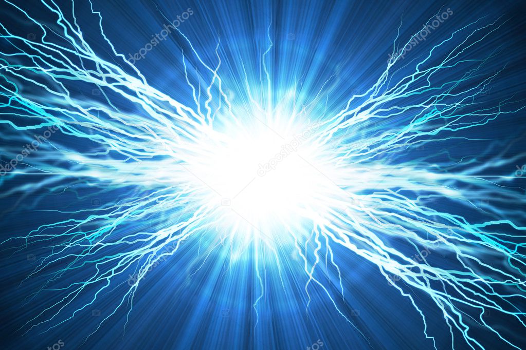 Electric flash of lightning on a blue background Stock Photo by ...