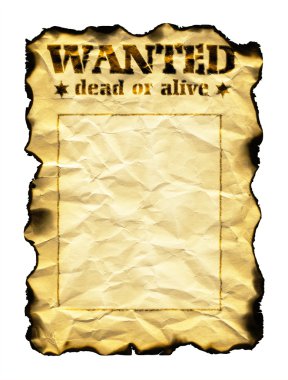 Old sheet of paper with burnt edges and words Wanted Dead or Ali clipart