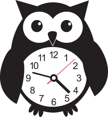 Cute wall clock owl sticker. Vector illustration clipart