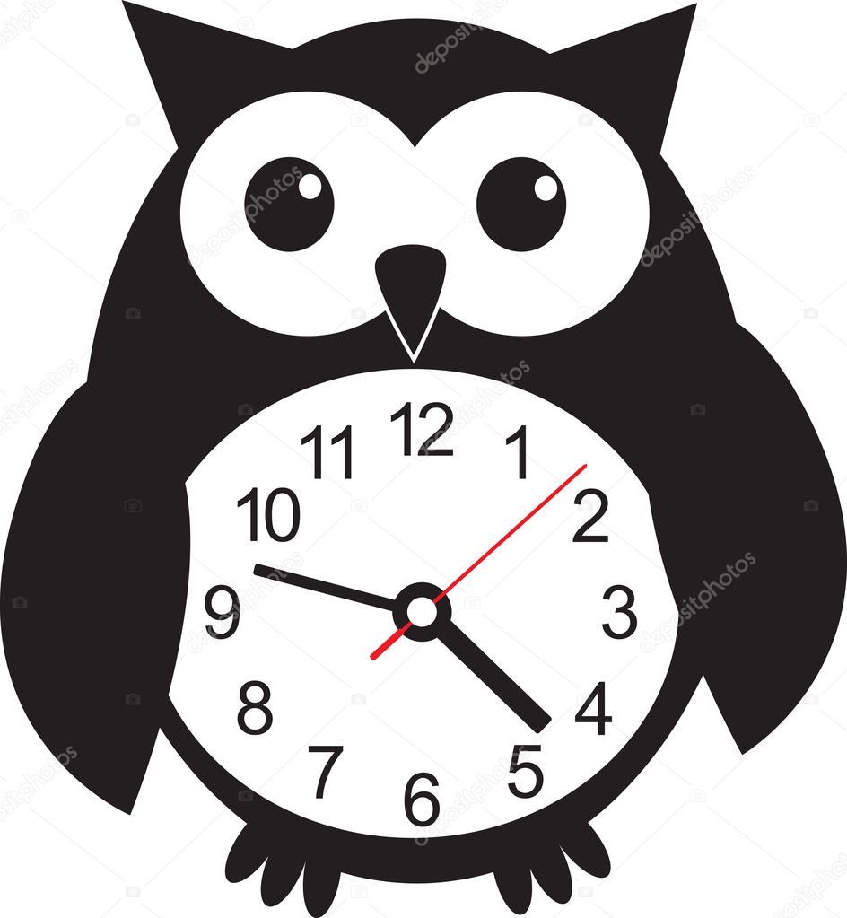 Cute wall clock owl sticker. Vector illustration