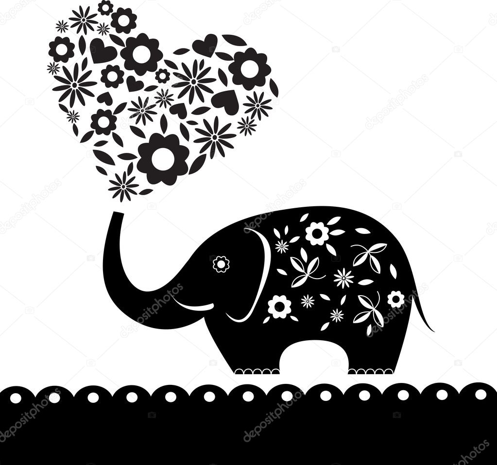 Cute elephant with flowers. Heart card