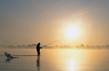 Fishing at Sunrise, summer landscape clipart