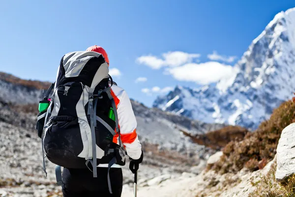 Kvinna trekking i himalaya bergen — Stockfoto