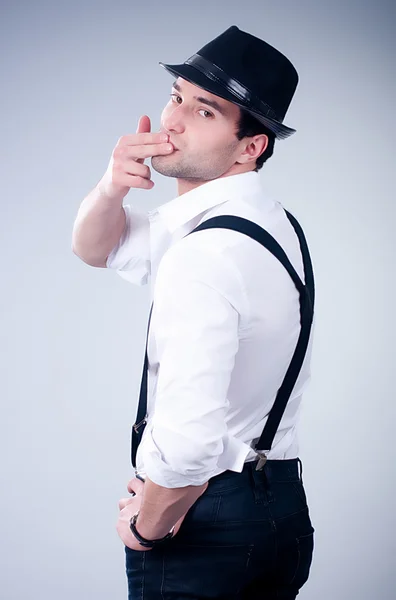 Valentines romantic man in hat and suspenders — Stock Photo, Image