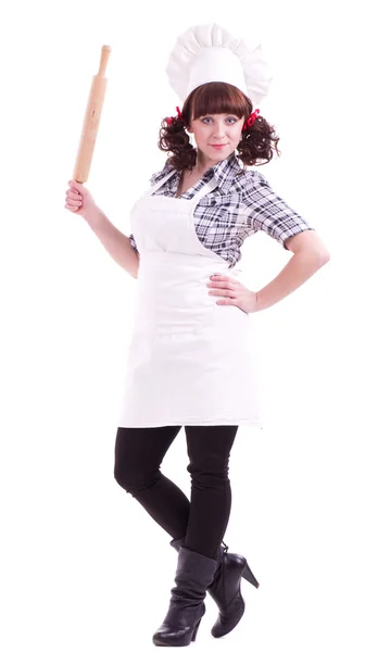 Sonriente mujer cocinera feliz sostiene un utensilio de cocina de madera —  Fotos de Stock
