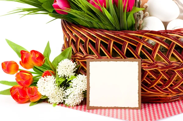 Dodaj baner pisanki i wiosennych kwiatów — Zdjęcie stockowe