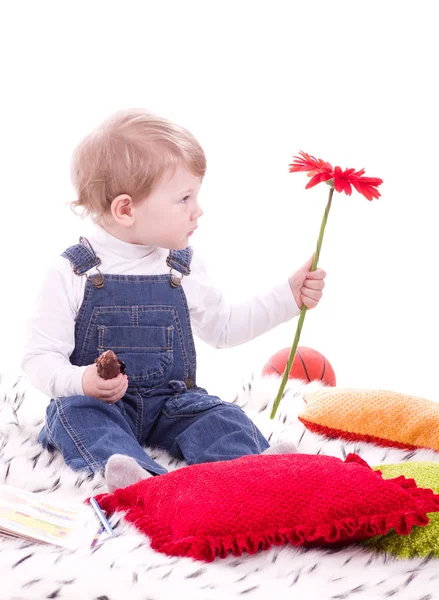 Portrait of baby boy with red flower — Stock Photo, Image