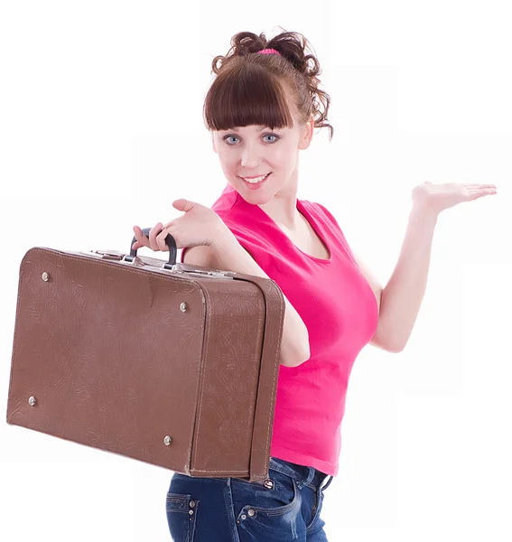 Flicka stående anläggning resväska. — Stockfoto