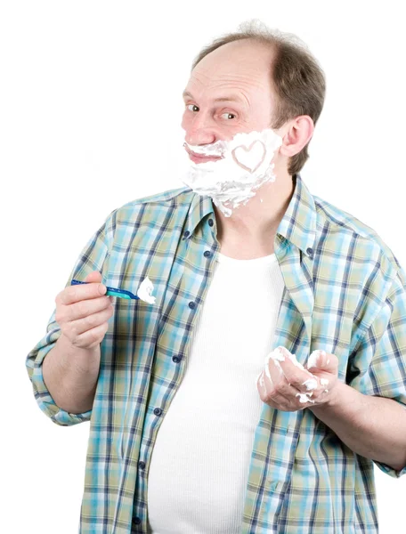 Retrato de homem bonito maduro barbeando sua barba — Fotografia de Stock