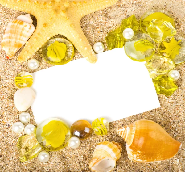 Beautiful exotic shell, stones, crystals with banner add — Stock Photo, Image