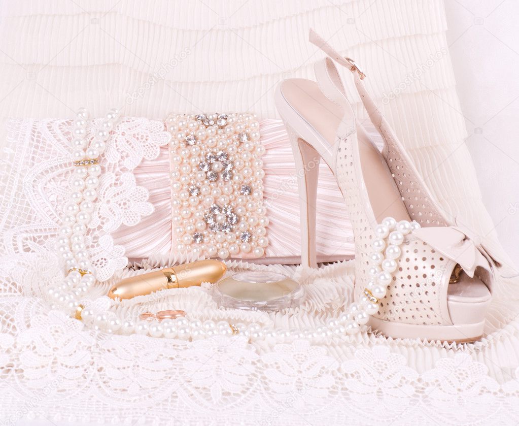 The beautiful bridal shoes, lace and beads