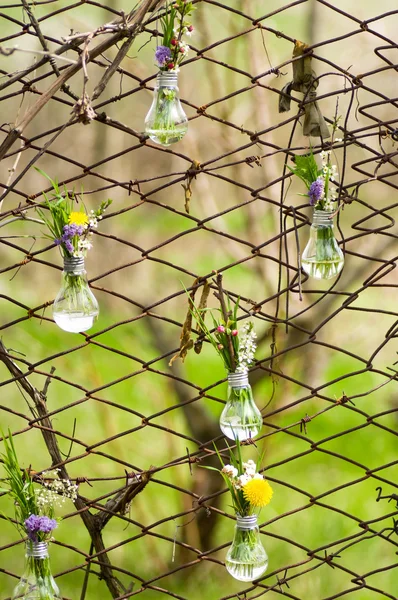 Spring flowers in glass bulbs on fence — Stock Photo, Image