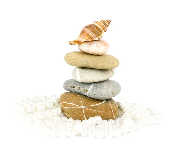 Schöne exotische Muscheln und Steine, Perlen — Stockfoto