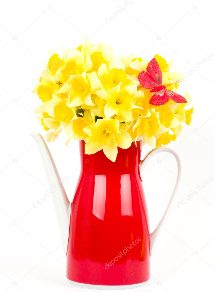 Beautiful spring flowers and butterfly in a red teapot ⬇ Stock Photo ...