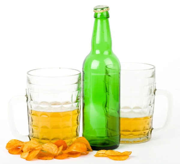 Beer green bottle and potato chips, pistachios isolated on a white — Stock Photo, Image