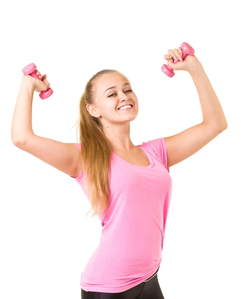 Lachende meisje met vrije gewichten in gym — Stockfoto