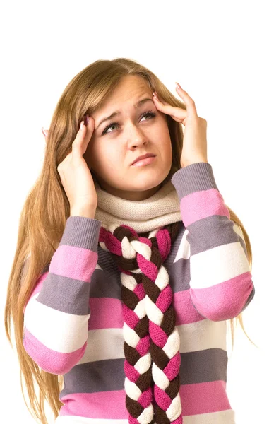 Chica con terrible dolor de cabeza sosteniendo la cabeza en el dolor — Foto de Stock