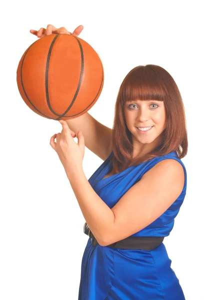 Beautiful smiling girl with orange basket ball — Stock Photo, Image